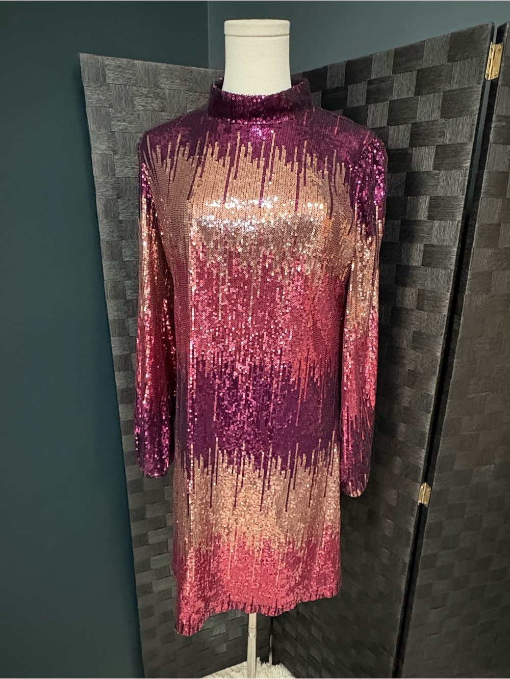 Maison Tara Long Sleeve Sequin Shift Dress Mock Neck Holiday Party Metallic